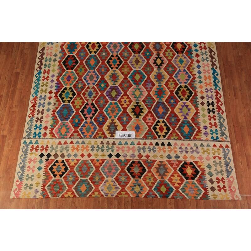 Geometric Kilim Area Rug Hand-Woven Orange Tribal Wool Carpet - 8'10"x 12'0"
