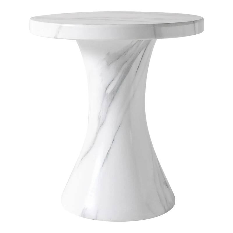 Isidra 19" Round Fiberstone Side Table with Marble-Inspired Finish and Flared Pedestal Base - Marbled White