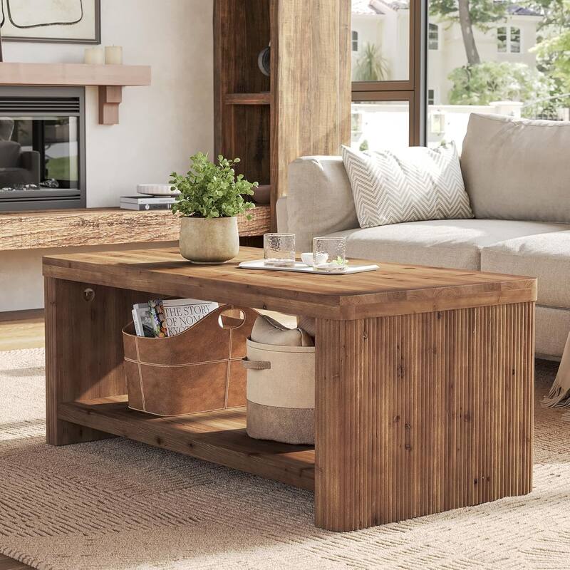 47.24" Solid Wood Coffee Table for Living Room, 2-Tier Rectangle Accent Center Tea Table with Storage