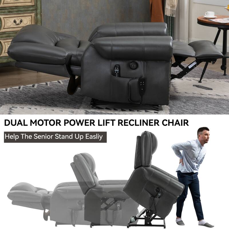 Brown Faux Leather Dual Motor Power Lift Recliner with Heat Massage, USB Ports, and Adjustable Recline for Seniors