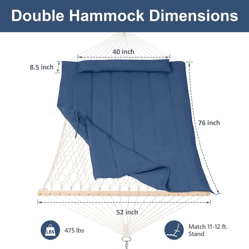 Durable 2 Person Rope Hammock with Polyester Quilted Pad and Pillow - 76*52