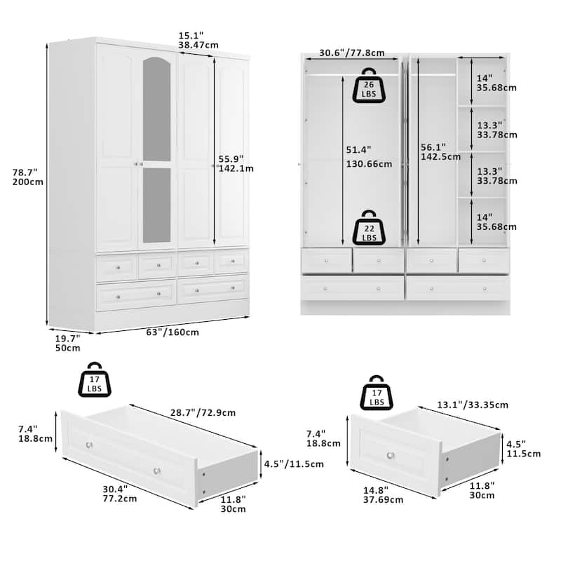Modular Majesty Double Wardrobe Mirror-Front Storage Closet Armoires