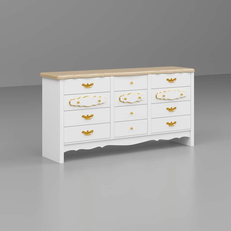 Luxury White and Gold 12-Drawer Dresser with Pine Wood Top Elegant Storage Cabinet for Bedroom or Living Room