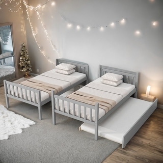 Twin Over Twin Rubber Wood Bunk Bed with Trundle, Convertible into 2 Twin Size Beds,with Ladder and Safety Guardrails