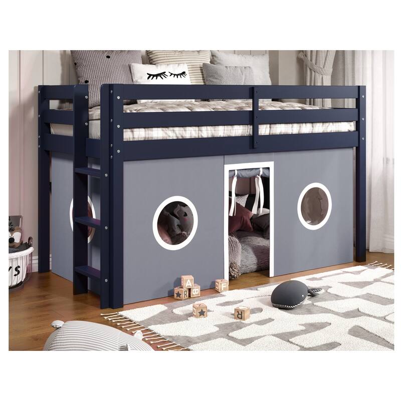 Taylor & Olive Trillium Low Loft Twin Bed with End Ladder - Loft Bed with Ladder - Blue with Gray & White Tent
