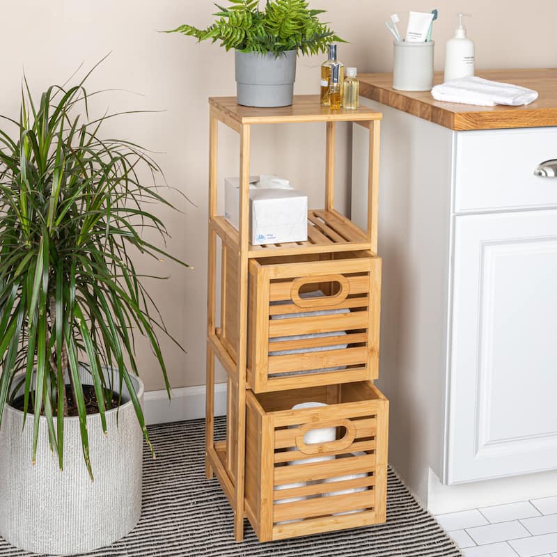 Household Essentials Bamboo 3-Tier Slatted Shelf with Crates - 11.8"L x 11.8"W x 35.0"H - 11.8"L x 11.8"W x 35.0"H - Natural