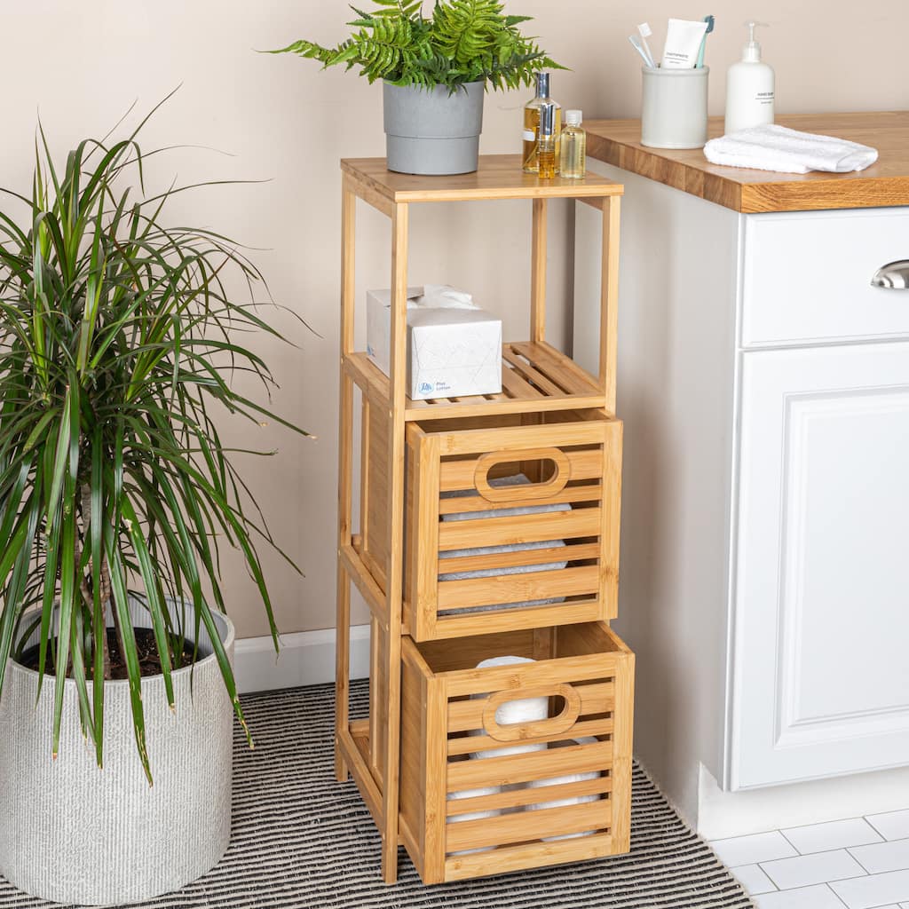 Household Essentials Bamboo 3-Tier Slatted Shelf with Crates - 11.8"L x 11.8"W x 35.0"H