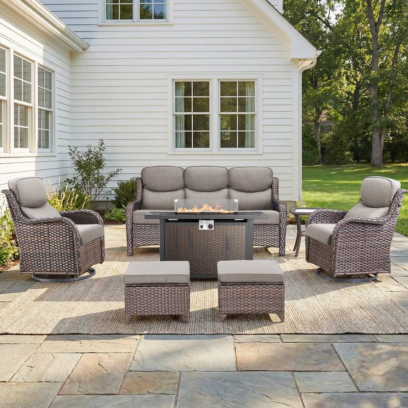 Pocassy Patio Sofa Swivel Chair Set with 43" Fire Pit Table - Brown Wicker Gray Cushion - 7-Piece Sofa Swivel Chair Ottoman w/ Fie Table
