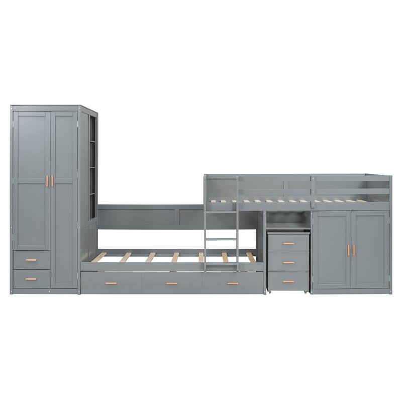 Twin Wooden Bunk Bed with Trundle, and Wardrobe, Desk & 5 Drawers - Gray Plywood, 400lb Capacity