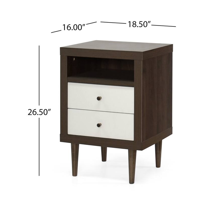 2-Drawer Nightstand with Mid-Century Design, Faux Wood Frame, and Rubberwood Legs, Storage Shelf