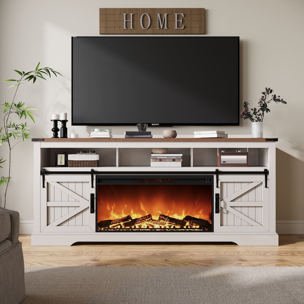 Fireplace TV Stand,Farmhouse Entertainment Center w/Sliding Barn Door