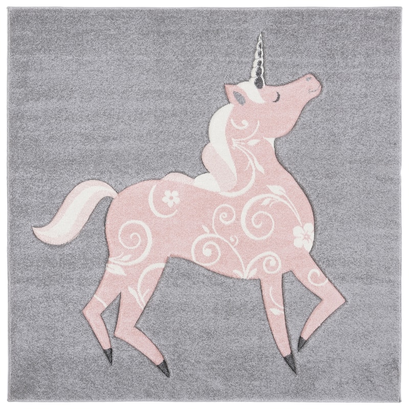 SAFAVIEH, Carousel Kids Mareke Unicorn Rug - 6'7" Square - Grey/Pink