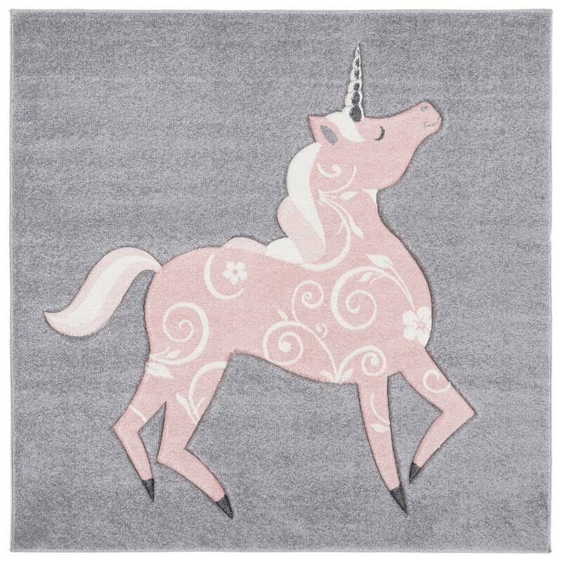 SAFAVIEH Carousel Kids Maronna Unicorn Rug - 6'7" x 6'7" Square - Grey/Pink