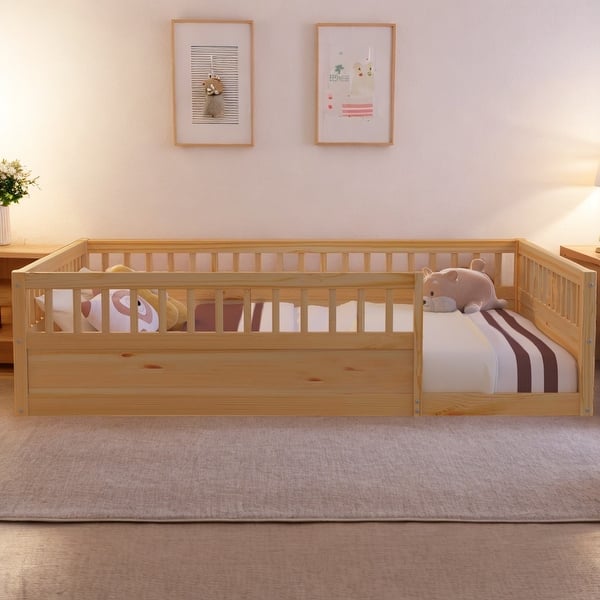 slide 2 of 25, Solid Full Wooden Floor Bed Frame with Safety Fence for Kids, Low to Ground Design for Bedroom and Playroom Use, Natural Natural