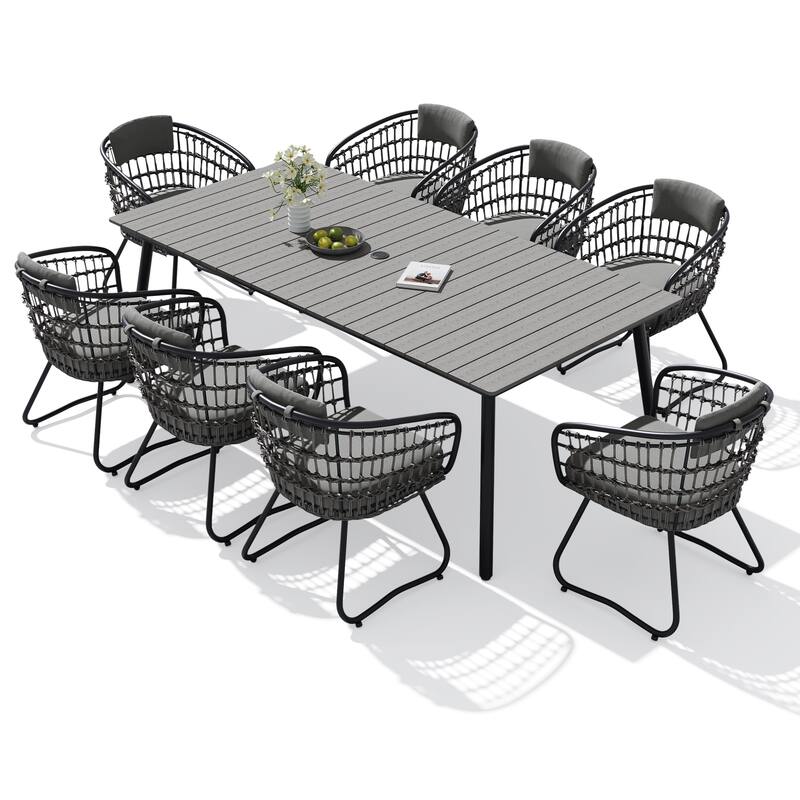 9-Piece Outdoor Patio Dining Set Wood-Like Table Top Alumium Umbrella Hole Table with Rattan Chairs