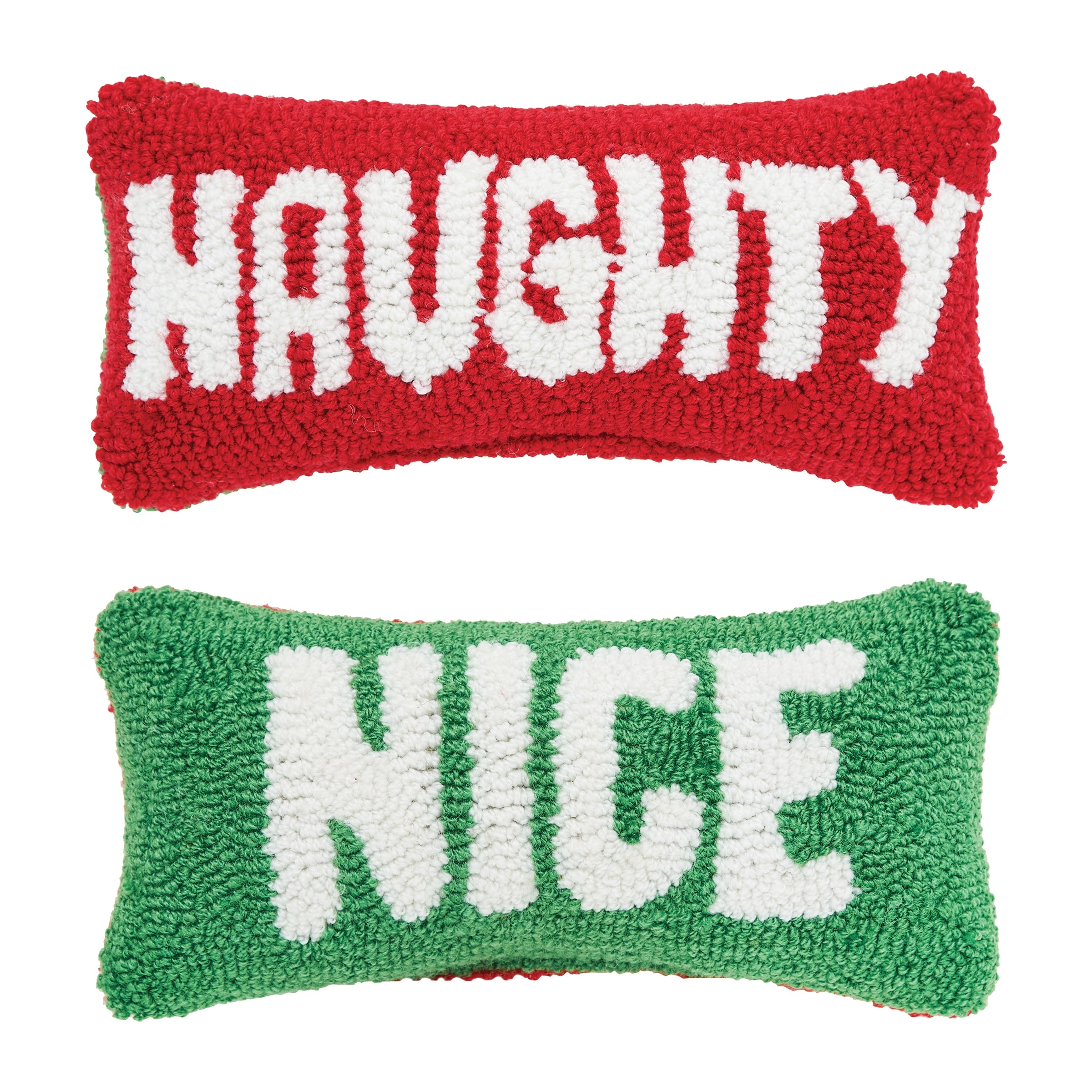 "Naughty" & "Nice" Hooked Christmas Mini Accent Pillow 6" x 12"