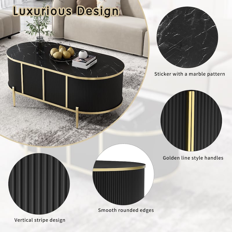 Oval Storage Coffee Table with 2 Cabinets, Faux Marble Top Center Couch Table with Metal Legs, Living Room Table