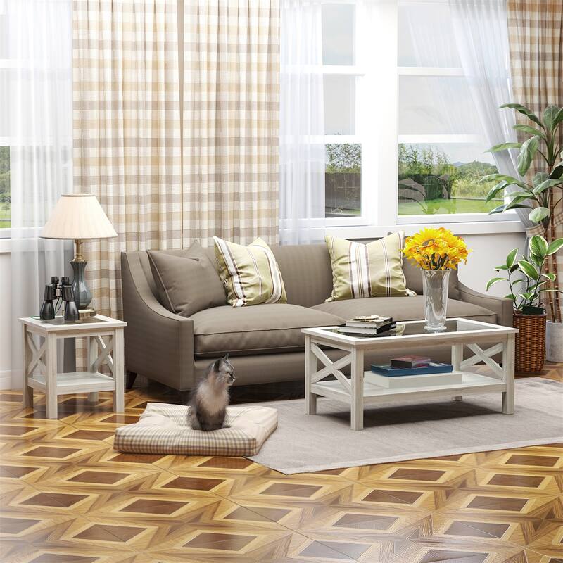Coffee Table with Wood Frame, Tempered Glass Tabletop, Storage Shelf