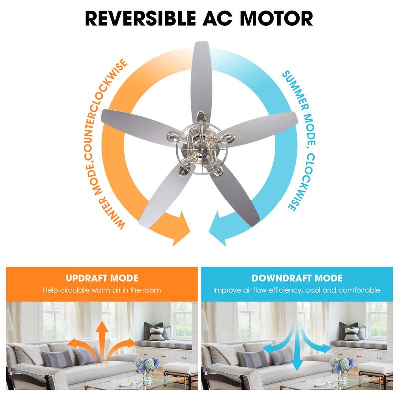 52" Polished Nickel Wood 5-Blade Modern Ceiling Fan with Remote
