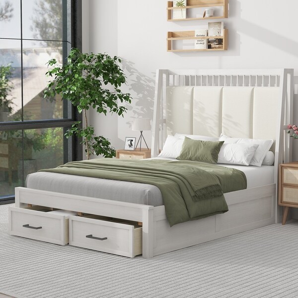 White Platform Bed Wood Low Profile Bed Frame with High Linen Upholstered Headboard and 2 Storage Drawers No Box Spring Needed Bed Bath Beyond 40900469