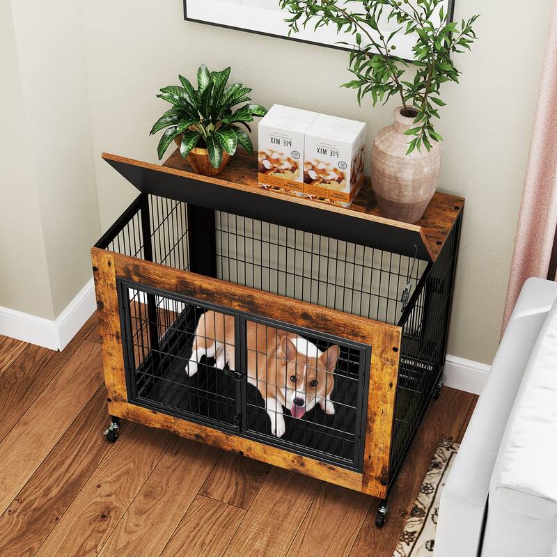 Gymax Dog Crate Furniture Industrial Dog Kennel w/ Flip-up Top