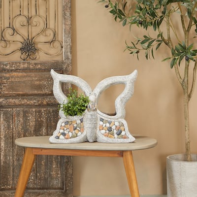 Gray Fiberglass Indoor Outdoor Planter with Stone Mosaic Design