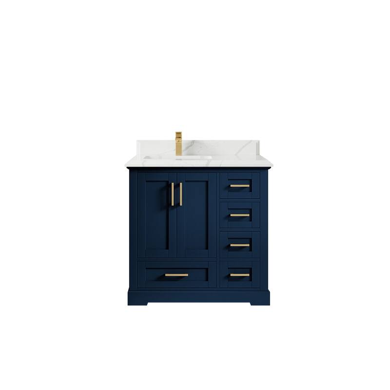 Willow Collections 36 x 22 Boston Left Offset Sink Bathroom Vanity with Quartz or Marble Countertop - 1.5"Calacatta - Navy Blue
