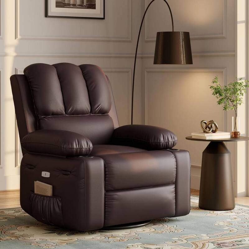 Oversized Manual PU Leather Recliner Sofa Chair with Cup Holders