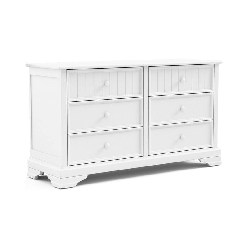 Toli Wide Dresser, 6 Drawers w Round Knobs, White Solid Hardwood