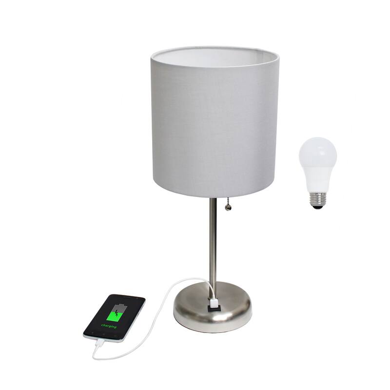 White Stick Lamp with USB charging port and Fabric Shade
