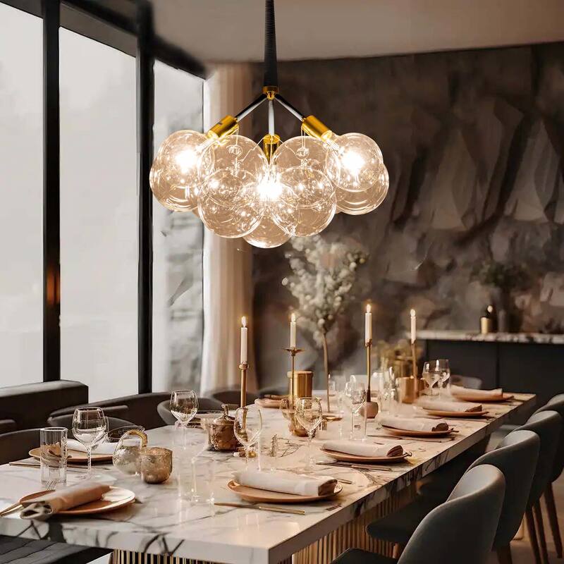 3-Light Modern Glam Sputnik Cluster Glass Globe Bubble Chandelier with 9 Clear Glass Globe Shade