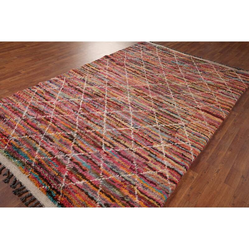 Stripe / Trellis Moroccan Area Rug Handmade Wool Carpet - 5'10" x 9'4"