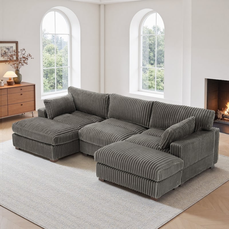 Oversied Plush Corduroy Fabric Modular Sectional Sofa with Chaise, Ottoman