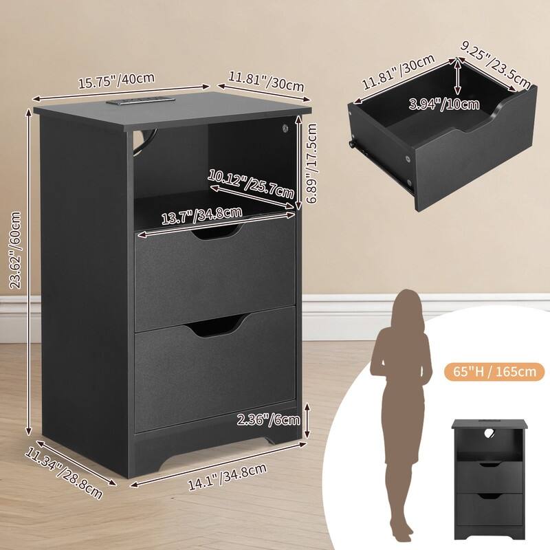 15.7"W Nightstand, P2 Particleboard, Matte Melamine, Handleless, 2 Drawers, US Outlet