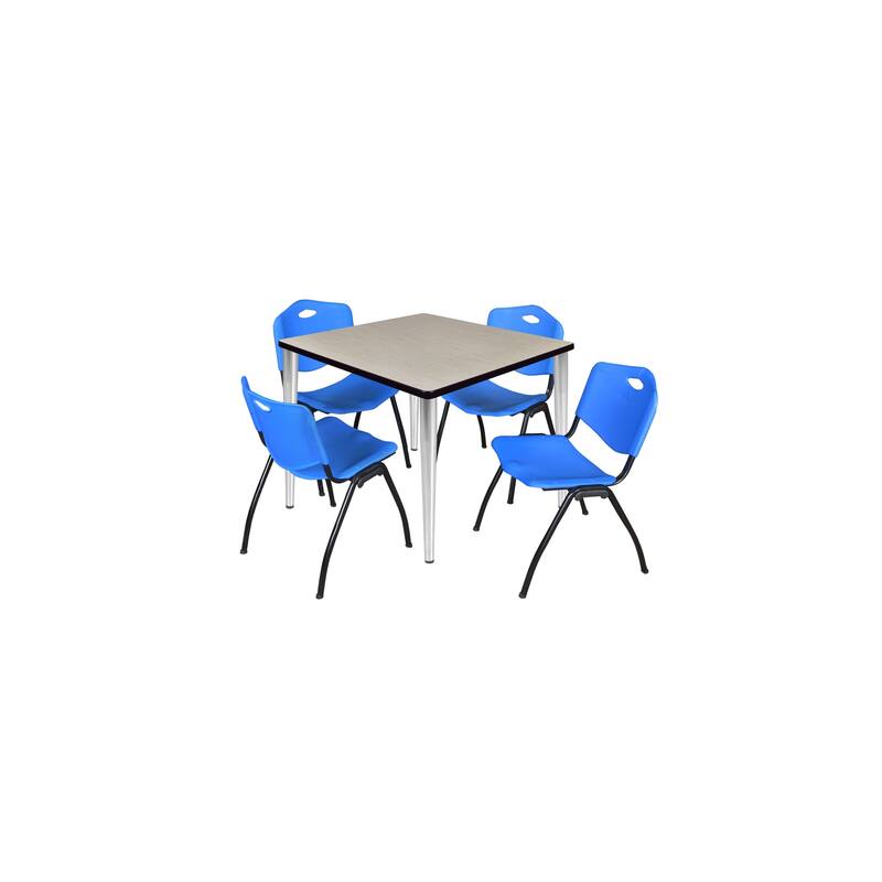36 in. Square Breakroom Table- Maple Top, Chrome Base & 4 M Stack Chairs- Blue