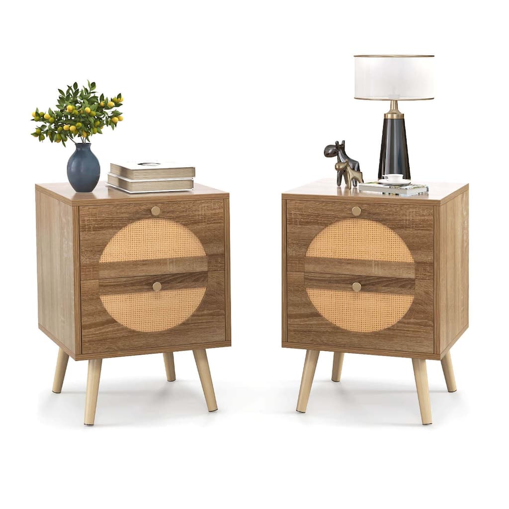 Costway 2Pcs Rattan Nightstand with 2 Drawers Solid Wood Legs Compact - See Details