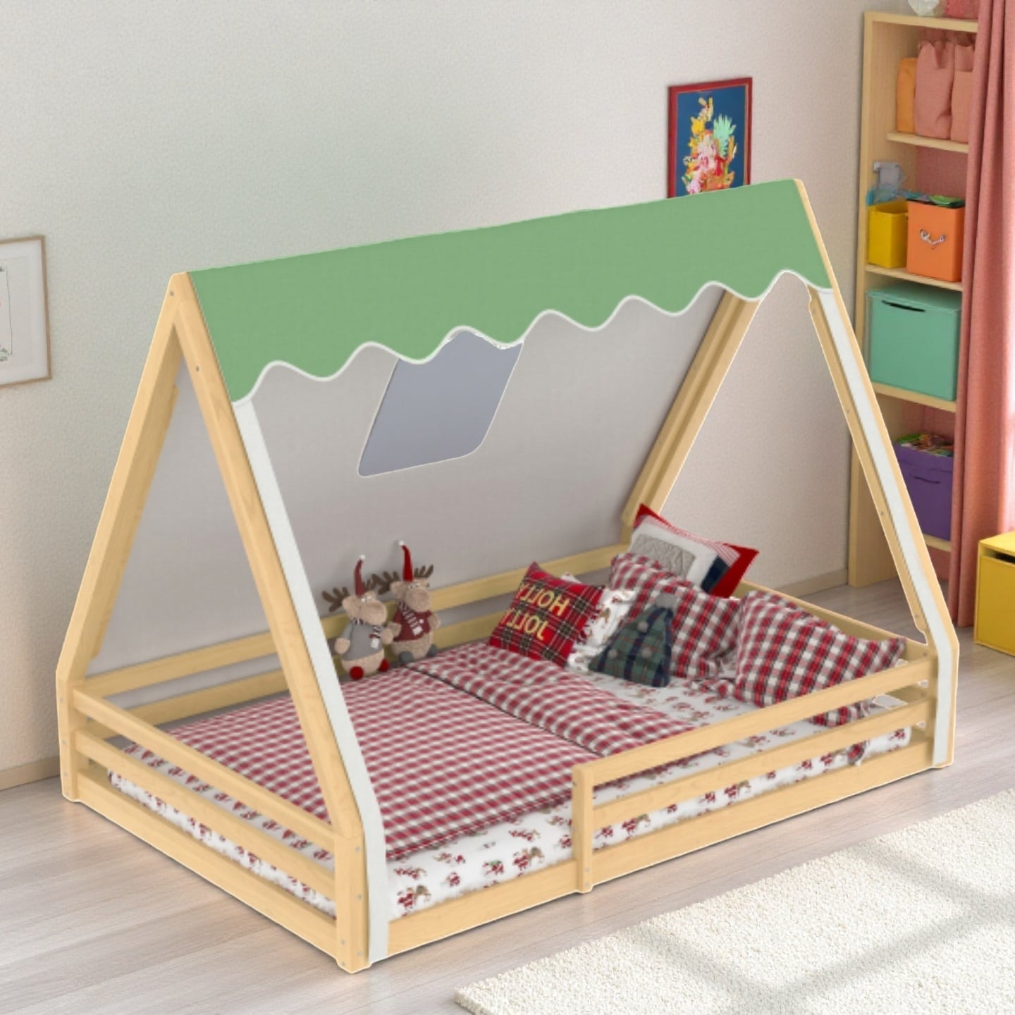 Twin Montessori-Style House Floor Bed with Tent and LED Lights, Solid Wood Teepee Bed with Full Guardrails for Kids