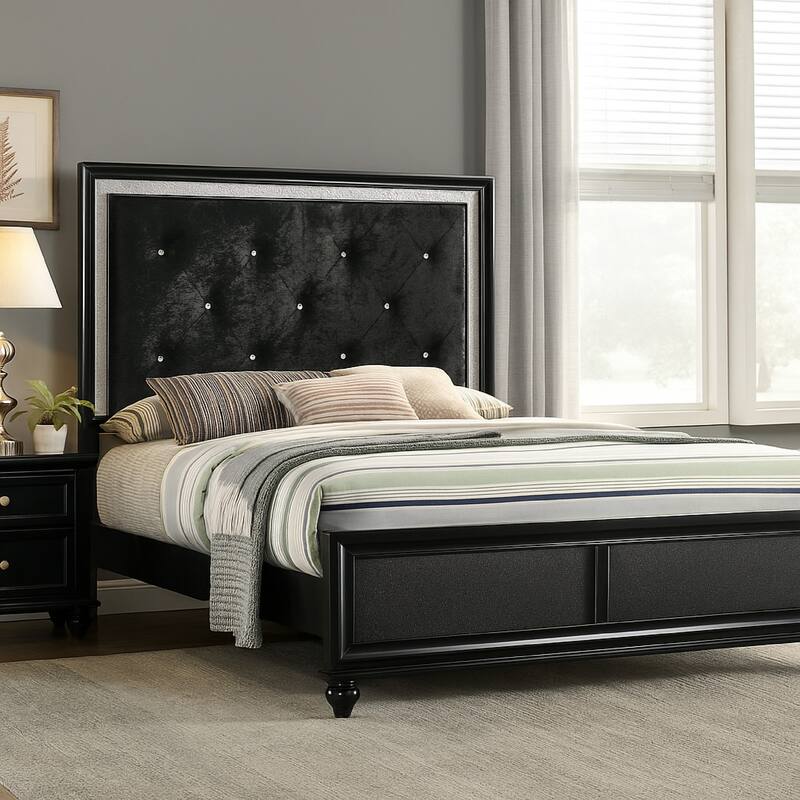 Lexi Queen Size Bed w Crystal Tufted Upholstery, Silver Glitter Trim, Black