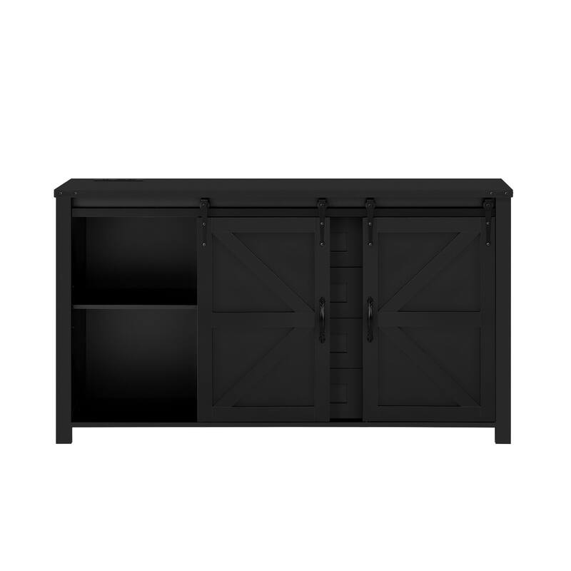 Sideboard with Sliding Barn Doors & 4 Storage Drawers, Wood Buffet Cabinet Table with Power Outlet & Adjustable Shelves