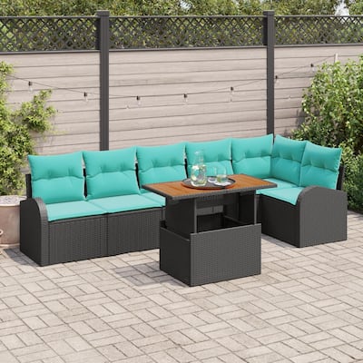 vidaXL 7 Piece Garden Sofa Set with Cushions Black Poly Rattan - 113.8×48.8×27.2