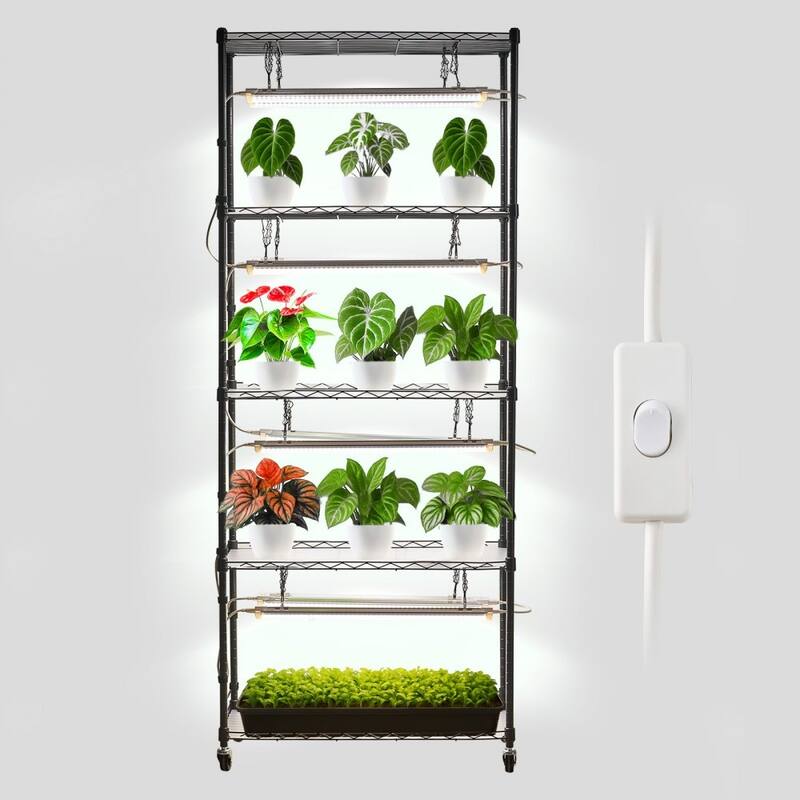 Black Metal 6-Tier Indoor Plant Stand with 8 Cold LED Grow Lights and DIY Shelves - 29.53 x 13.78 x 70.87 in/