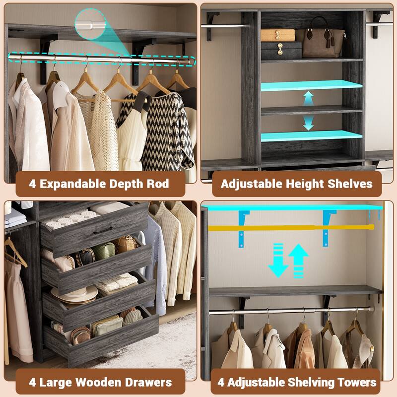 Rackcog 96'' Closet System with 4 Drawers and 4 Hanging Rods, 8FT Wood Closet Organizer for Walk-in Closet