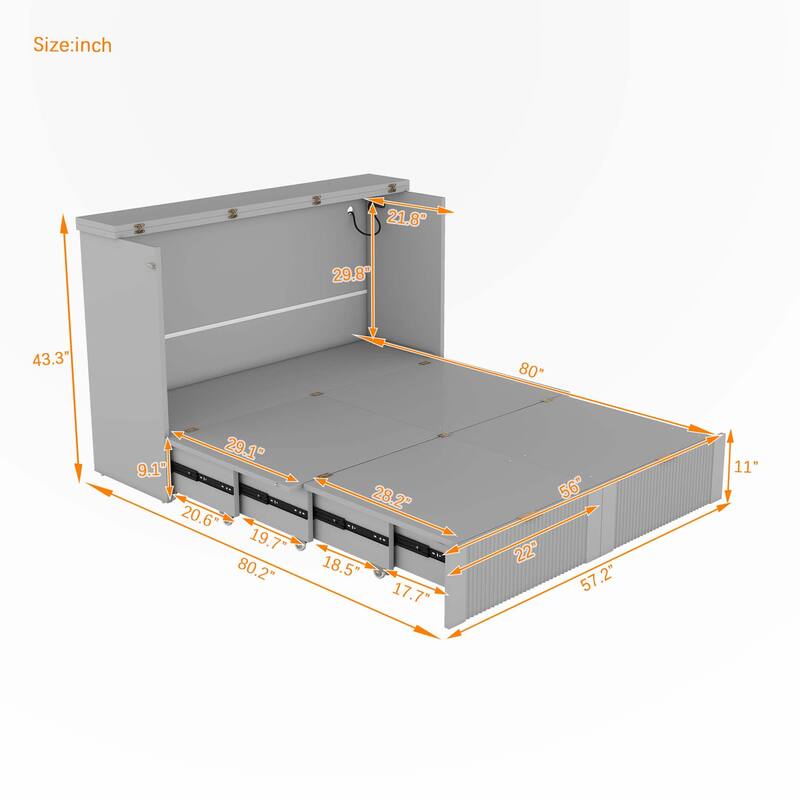 Full Size Murphy Bed Wall Bed with drawer and USB Ports