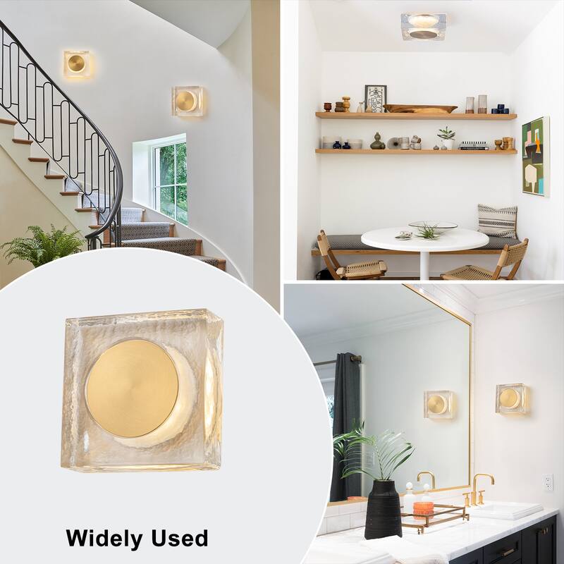 Square LED Wall Sconce Clear Textured Handblown Glass Shade Dimmable