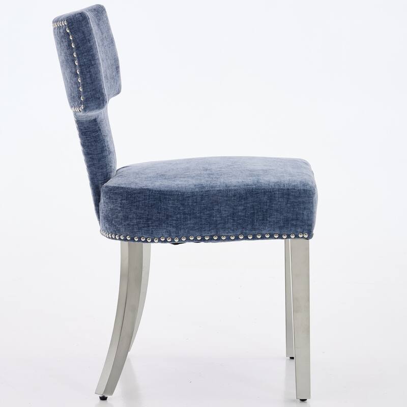 Mid Century Modern Dining Chairs Set of 2, Chenille Upholstered Accent Chairs with Copper Nails Trim & Silver Steel Legs