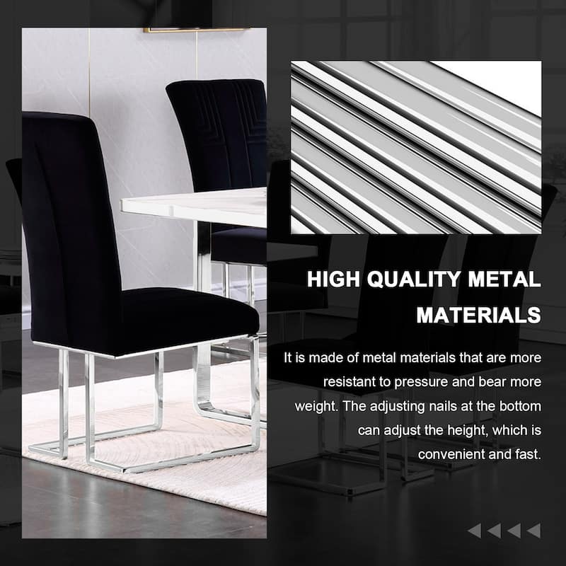 Modern Black Velvet Dining Room Chairs with Mirrored Silver Sled Legs