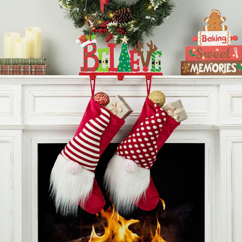 Glitzhome 7.75" H Wooden/Metal BELIEVE Christmas Stocking Holder Mantel Ornament