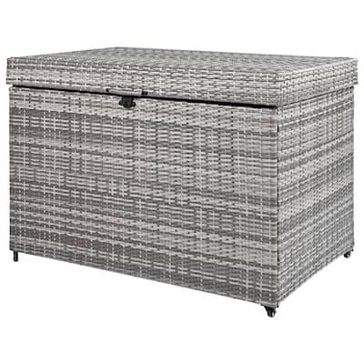 230-Gallon All-Weather Wicker Deck Storage Box With Wheels, Rattan Patio Organizer For Outdoor Furniture, Garden Tools.