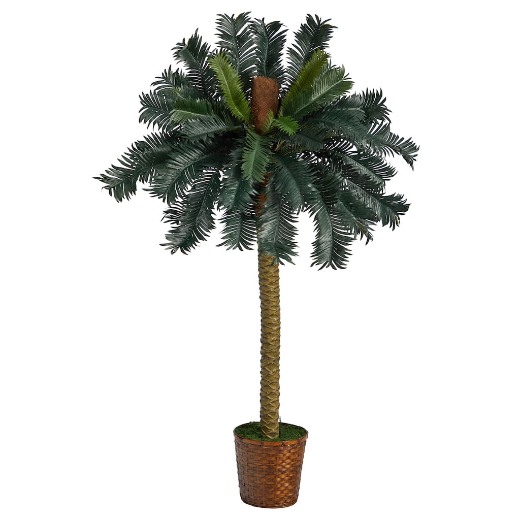 Artificial Sago Palm Tree - 5ft Indoor Tropical Plant in Basket - Home Decor - Green - 61 Inches and Over