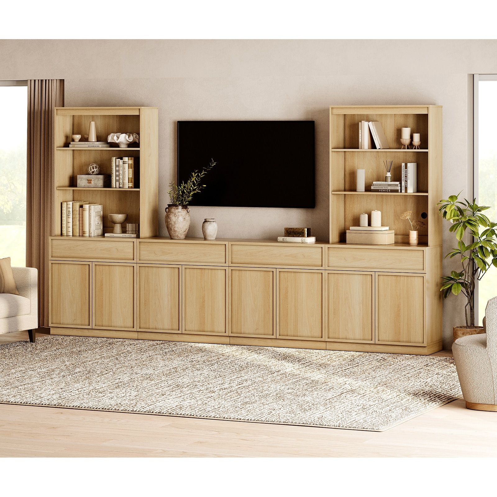 WAMPAT Wall Unit TV Stand with 3 Tiers Bookshelf, Entertainment Center with 4 Storage Cabinets and Drawers
